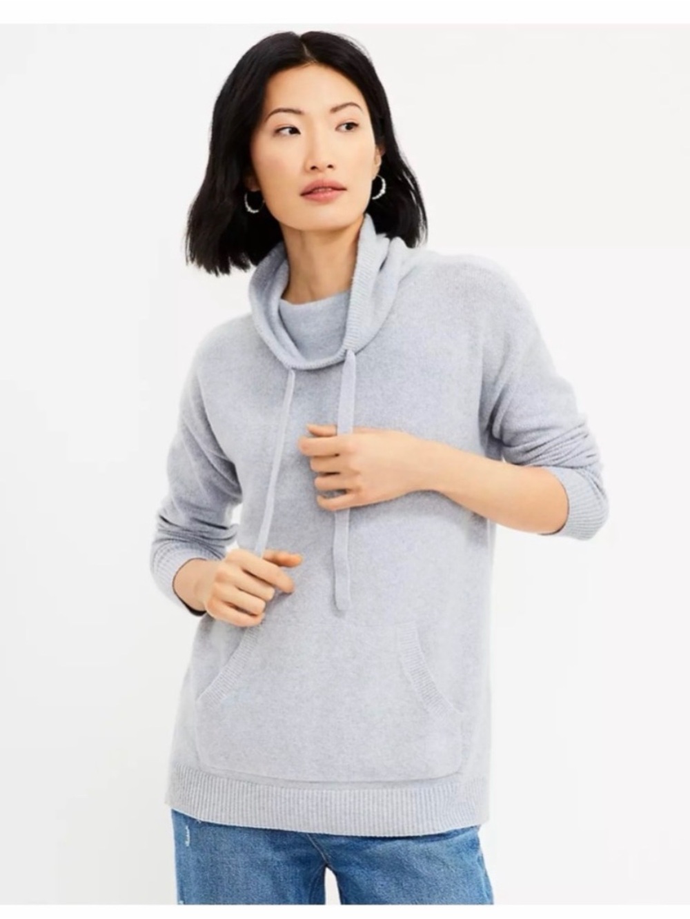 LOFT Light Blue Cozy Cowl-Neck Drawstring Women's Sweater